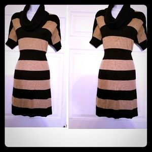 cute loft tan&black striped cowl neck sweater dres